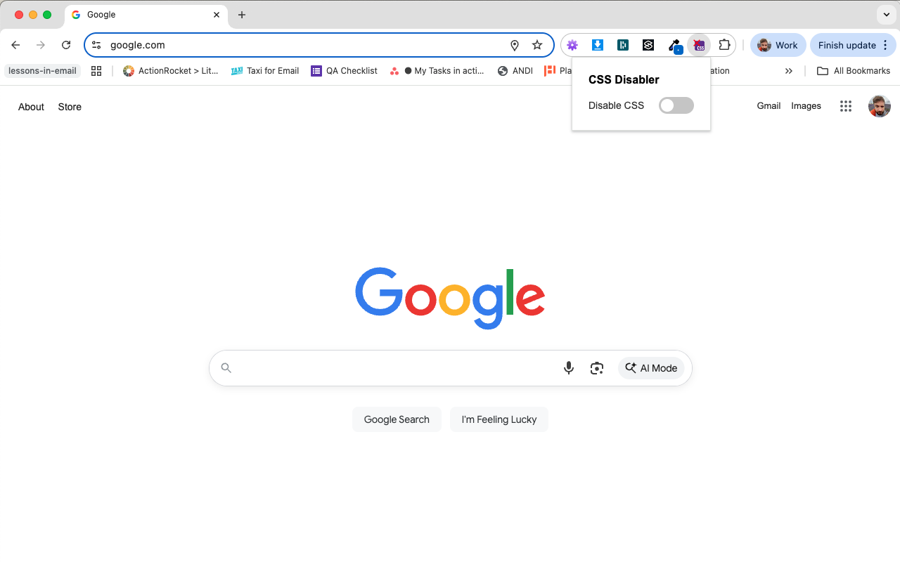 Google with the extension open.